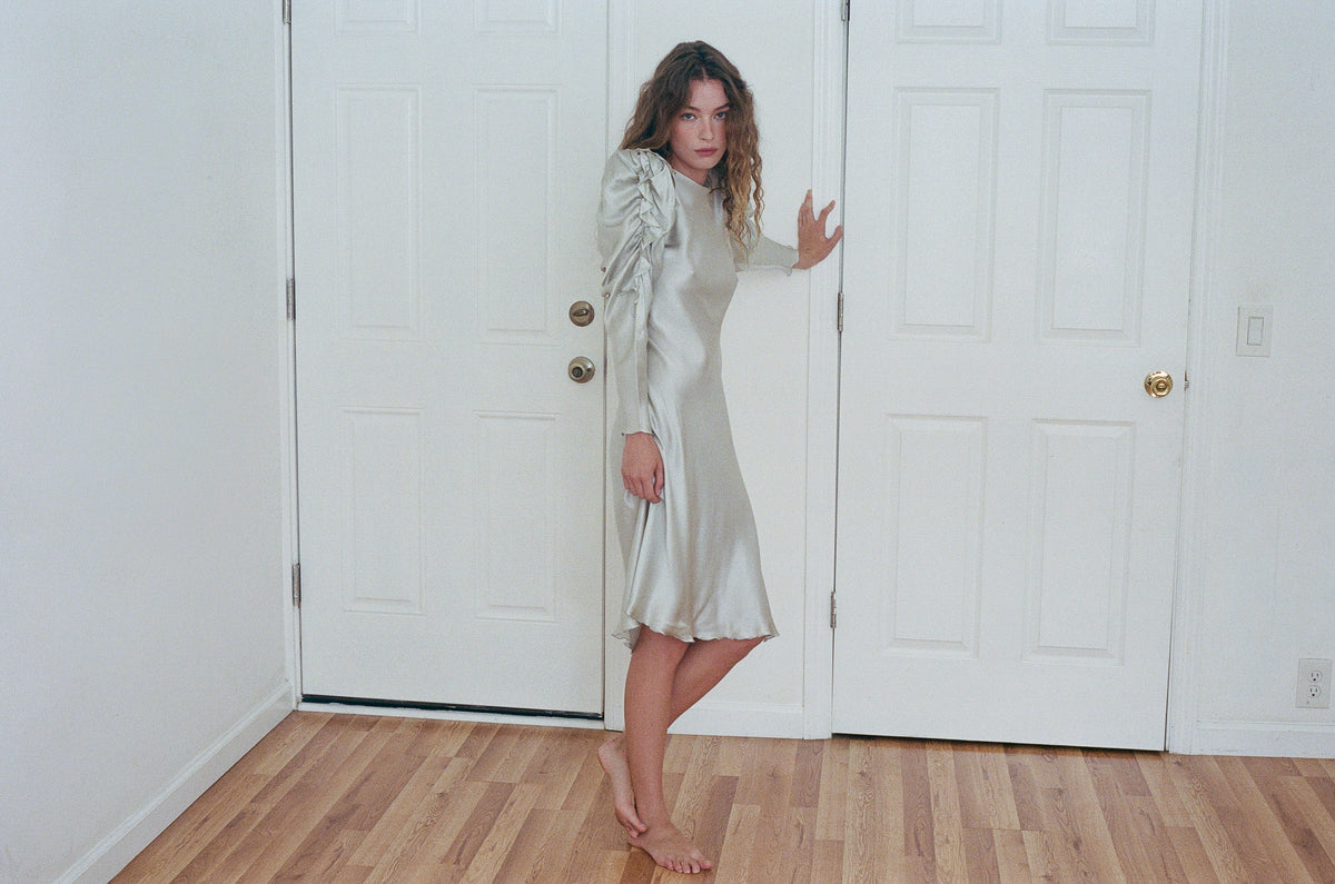 CACHE | SILK PUFF SLEEVE DRESS